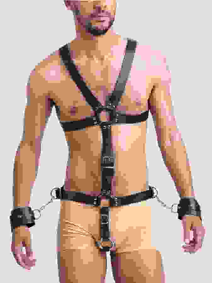 DOMINIX Deluxe Leather Body Harness with Cock Ring and Wrist Cuffs, Black, hi-res